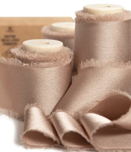 Vitalizart Champagne Silky Satin Ribbon, 1.5'' x 15 Yard with Wooden Spool, Nude Handmade Fringe Chiffon Ribbons for Gift Wrapping, Festive Decoration, DIY Craft, Wedding Bridal Bouquet