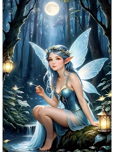 DPHERO DIY Elfenmädchen Diamant Painting Bilder für Erwachsene Anfänger,5D Mond Diamond Painting Set,DIY Runde Steine Traumland Diamant Kunst Kits,Haus Diamant Painting für Zuhause Dekor 30x40 cm