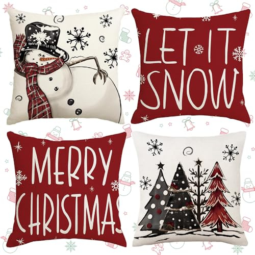 4 Stück Weihnachten Kissenbezug,Dekorative Kissenhülle,Kissenhülle Weihnachten,Leinen Dekokissen,Weihnachtskissenbezug,Kissenbezug Weihnachtsmotiv,für Deko weihnachten Sofa Schlafzimmer Couch
