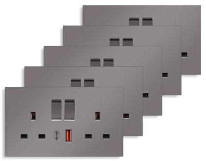 CNBINGO Double Switched Socket with 20W PD USB C and A Fast Charging Ports, Electric Power Sockets 2 Gang 13 Amp, Grey PC Plate Wall Outlet, 5 Pack