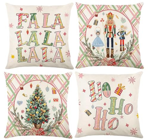 APMGONT Weihnachten Kissenbezüge 45x45 4er Set Xmas Kissenbezüge Leinen Dekorative Zierkissenbezüge Weihnachtsbaum Brief Nussknacker Dekor Kissenbezüge Weihnachten Sofa Wohnzimmer Schlafzimmer Haus