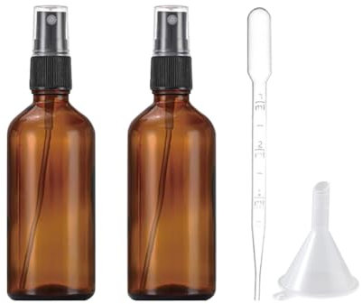 Lot de 2 petits flacons vaporisateurs vides en verre ambré de 100 ml pour huiles essentielles de voyage avec pipette graduée de 2 ml et entonnoir