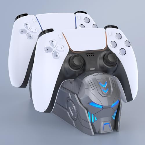 PS5 Controller Ladestation mit Cooles Aussehen Helm, 2-3 Std Schnelles Aufladen PS5 Ladestation für PlayStation 5 Controller/Edge Controller(Grau)