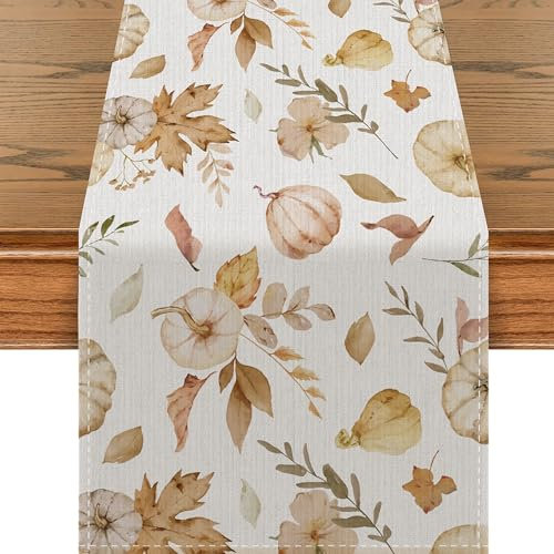 Ahornblätter Herbst Tischläufer, Kürbis Deko Tischdecke, Tischdeko Herbst für Erntedankfest, Thanksgiving Party Dekoration, Herbst Deko (Weiß, 40 x 140 cm)