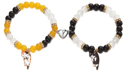 FDEETY 2 Stück Pärchen Armband Partnerarmbänder Magnetische Herzförmige Katze Anhänger Partner Armbänder Perlen Freundschaftsarmbänder Gelb + Schwarz
