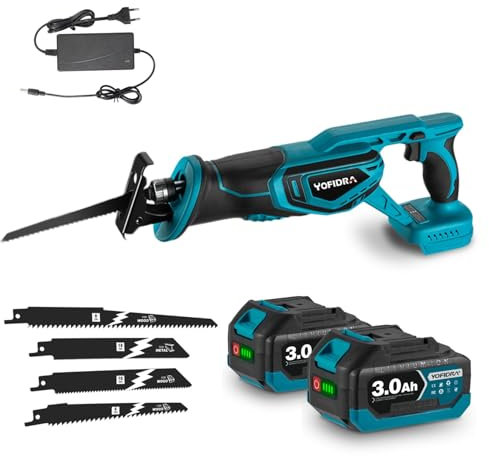 Yofidra Scie Sabre Sans Fil, 3000 tr/min, Scie Électrique avec 2 Batteries de 3,0 Ah, Longueur de Course 40 mm, 4 Lames, Lumière LED, Scie Alternative pour Couper le Bois, le Métal, le PVC