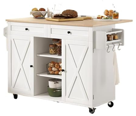 Carro de isla de cocina con encimera de hojas caídas y mesa de puerta de granero, isla de cocina rodante con ruedas para almacenamiento y organización en mesa de isla de cocina portátil blanca
