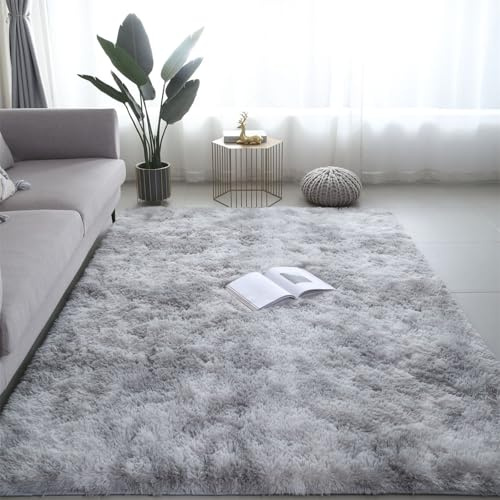 Highdi Tie-Dye-Print Langflor Weich Teppich Wohnzimmer, Soft Shaggy Teppich, Flauschiger Teppich, Waschbarer Teppich Schlafzimmer, Kunstfell Fell Imitat Teppich Kinderzimmer (160x200cm,Hellgrau)