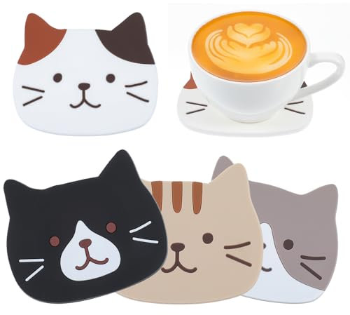 Tyqour 4 Stück Silikon Katze Untersetzer, Tischuntersetzer Untersetzer Dekorative Glasuntersetzer rutschfest Hitzebeständige Glas Untersetzer für Tisch Schreibtisch Büro Getränke Möbelschutz Küche