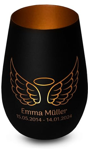 Elegantes personalisiertes Windlicht aus Glas in Schwarz-Bronze Engel Flügel Gedenklicht für Verstorbene mit Gravur, Geschenk für Trauernde - Trauerlicht personalisiert mit Namen