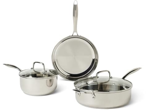 Amazon Basics Stainless Steel Cookware Set, 5-Piece Set, All Cooktop Friendly, Dishwasher-Safe
