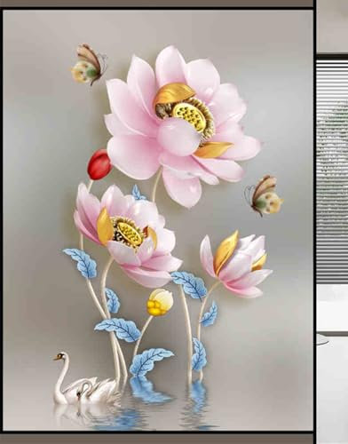 Fensterfolie Blickdicht Lotus Insektenschwan Milchglasfolie Selbstklebend Sichtschutzfolie Fenster Klebefolie Fenster Sichtschutz Fensterfolie Milchglas Bad Fensterfolien 40x60cm/1 Pcs