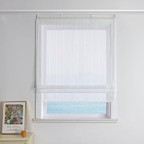 Landhaus Bändchen-Raffrollo mit Band | Weiße Voile Küchengardinen | Transparente Vertikalstreifen Gardine für Wohnzimmer | 100x140cm - 1 Stück