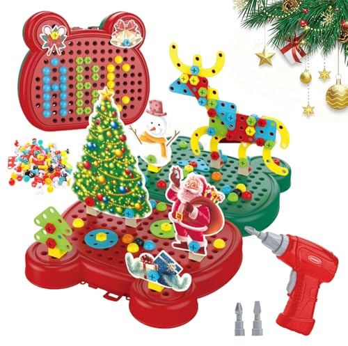TZQFROCE Mosaik Steckspiel Spielzeug mit Bohrmaschine & Werkzeugkoffer Montessori Spielzeugkiste Schrauben Steckspiel Set Lernspiele Geschenk für Jungen & Mädchen ab 3 4 5 Jahre(218 Stück)