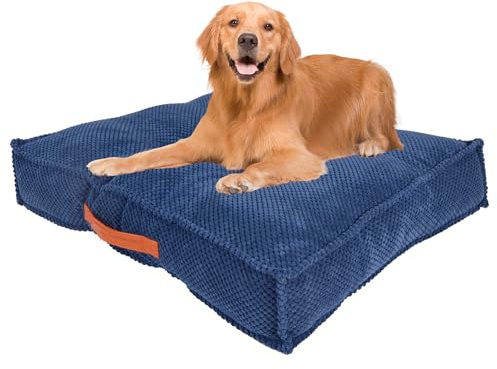 Banbury & Co Dog Bed Mattress | Washable Stylish Waffle Fabric Crate Mat | Anti Skid Pet Dog Cushion with Leather Handle | Blue, Medium | 85x65x12cm | Breathable Waffle Fabric, Medium Dog Bed, Puppy Sleeping Area, Crate Bedding, Indoor Pet Bed, Floor Cushion, Anti-Slip