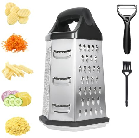 Râpe Manuelle à 6 Faces avec Récipient, Rapeuse Legume avec Éplucheur et Brosse de Nettoyage, Ustensile de Cuisine Multifonction, Râpe de Cuisine en Acier Inoxydable pour Râper Trancher Hacher
