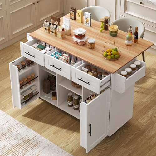 Isla de cocina con encimera plegable, isla de cocina móvil, carrito de servir con ruedas, cajones y taquillas, patas de madera maciza intercambiables, adecuada para comedor, cocina (blanco, 129 x 75 x
