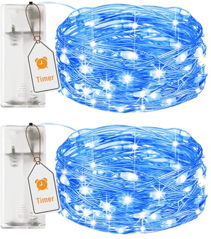 btfarm 2 Pack Fairy Lights Battery Operated with Timer, 2M 20LED Blue | Waterproof String Light Battery Powered, Mini Small Sliver Wire for Indoor Jars Party Bedroom Wedding Christmas Decoration