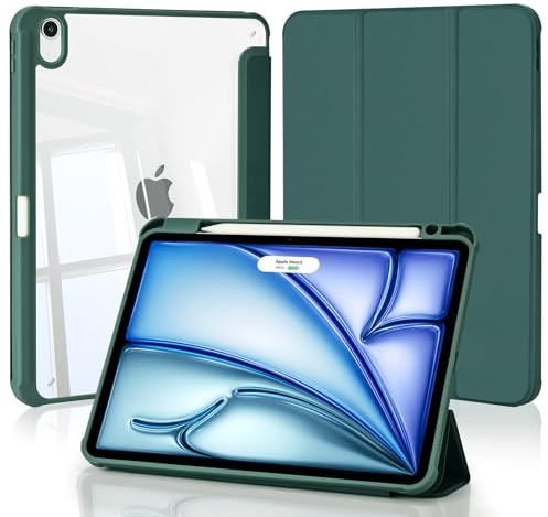 4UBonLife Coque pour iPad Air 11 Pouces M4/M3/M2 2026/2025/2024, iPad Air 5/4 (10,9 2022/2020) avec Porte-Pencil, Housse de Protection Transparente Claire Arrière Étui Antichoc Tablette, Vert Nuit