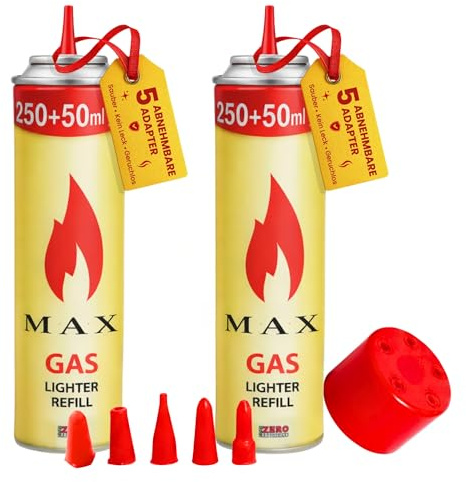 SomosTrade 2 x Feuerzeuggas 300 ml Nachfüllgas für Alle Feuerzeuge, Flambierbrenner und Stabfeuerzeuge – Premium Butan Gas mit 5 Adaptern für einfaches Nachfüllen und sichere Nutzung