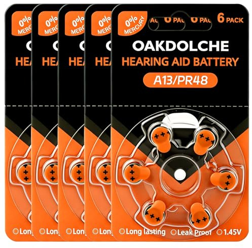 OAKDOLCHE Hearing Aid Batteries Size 13, 30 Count, Mercury Free Zinc Air, 1.4V Long Lasting & Easy to Open