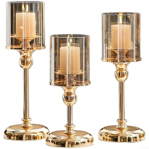 Lot de 3 bougeoirs vintage en verre, base en fer, décoration d'intérieur, élégant et romantique, design robuste et stable, salon, chambre à coucher, salle à manger (pack combinaison doré)
