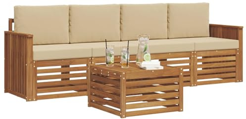 vidaXL Sofagarnituren mit Kissen Natur und Beige Massivholz Akazie, Moderne, langlebige Garten-Sofagarnitur, sectionale Möbel für Patio, Terrasse, entspannte Sitzgelegenheit