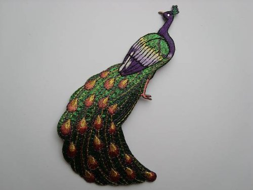 Pfau Vogel - 9,3 cm * 15,5 cm - Bügelbild - Pfauen Paradiesvogel Fasan Zootier Kinder Aufnäher Applikation