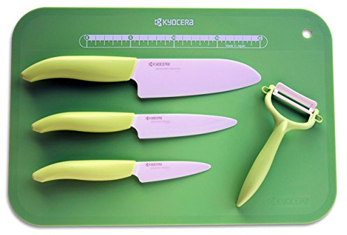 Kyocera Lot de couteaux en céramique Couteau santoku, couteau universel et couteau d'office Comprend un éplucheur en céramique et une planche à découper Vert