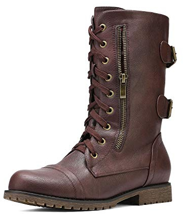 DREAM PAIRS Women's Terran Burgundy Mid Calf Built-in Wallet Pocket Lace up Military Combat Boots Size 12 US/ 10 UK