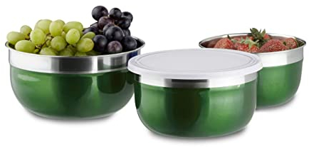 Relaxdays Set di Ciotole con Coperchio 3 pz Diverse Misure Scodelle in Acciaio Inox da Cucina e Campeggio, per Provviste Verde