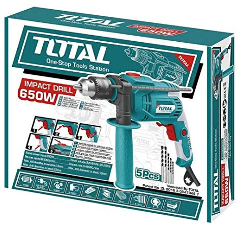 Total - Trapano elettrico a percussione Potenza in ingresso 650W - Velocità a vuoto 0-3000 giri/min Capacità del mandrino 2-13mm