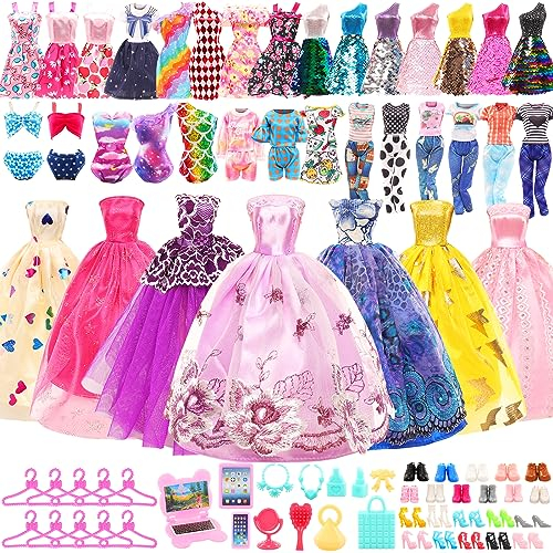 Miunana 61 Kleidung für Puppen = 10 Kleider 4 Tops Outfits 4 Hosen/Röcke 3 Abendkleider 3 Badenanzüge 37 Kleiderbügel Schuhe Zubehör für 11,5 Zoll Mädchen Puppen Puppenkleidung