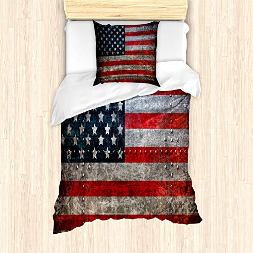 ABAKUHAUS Amerikanische Flagge Bettbezug Set, US-Flaggen-Platte, Milbensicher Allergiker geeignet mit Kissenbezügen, 135 cm x 200 cm - 80 x 80 cm, rot Grau
