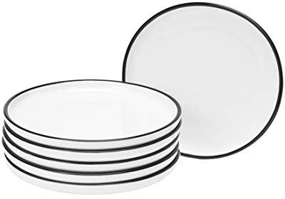BonNoces Lot de 6 assiettes en porcelaine blanche élégante avec bords noirs pour steak, pâtes et salade 6-Inch