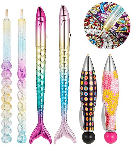 Lote de 6 bolígrafos de diamante con purpurina para pintura de diamante 5D en forma de sirena, varios colores, bolígrafo de espiral lindo para bordado de punto de cruz, Nail Art