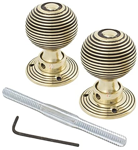 8 Pairs of Antique Brass Beehive Rim Mortice Reeded Door Knobs Knob Pair Set - AB Hardware