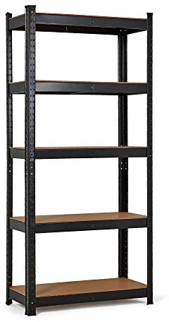 ZENO 5 Tier Black Garage Shed Shelf Shelving Storage Unit – Metal Racking, Steel & MDF Boltless Shelves - Massive 875kg Total Capacity 175KG per Shelf - 150cm H 70cm W 30cm D