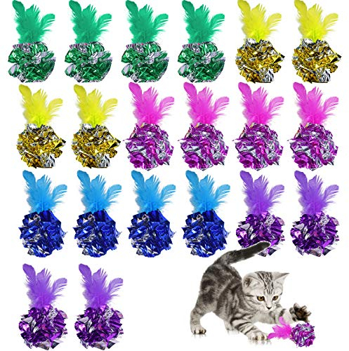 AvoDovA 20 Stück Katze Spielzeug Mit Bällen und Feder - 6CM Bunte Crinkle und Mylar Bälle, Interaktives Kätzchen Spielzeug, Knisternde Bälle für Katzen, Hunde und Kitty