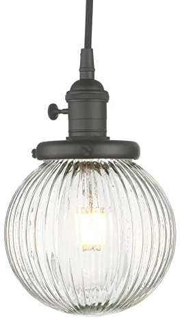Yosoan Industrial Glass Pendant Light Fitting, Ribbed Ball Hanging Ceiling Light for Kitchen Island,Dining Room,Bedroom,Lving Room (Black)