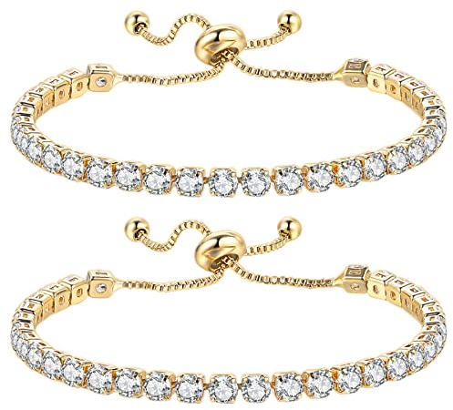 JewelryWe 2 Stück Armband Damen mit Zirkonia Steinchen, Tennisarmband Armkette Armreif Armschmuck Geschenk für Mutter, Freundin Verstellbar Gold