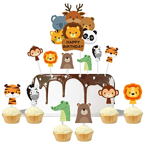 Animal Cake Toppers for Boys,13Pcs Animal Happy Birthday Cake Toppers,Boys Jungle Animal Birthday Cake Decorations,Animal Cupcake Toppers for Boys,Girl,Kids,Baby Shower Birthday Animal Party Supplies