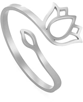 TEAMER Resizable Lotus Ring Edelstahl Semikolon Ring Yoga Meditation Om Symbol Ring Inspirierender Schmuck für Frauen Teenager Mädchen (Lotus 2-Silber)