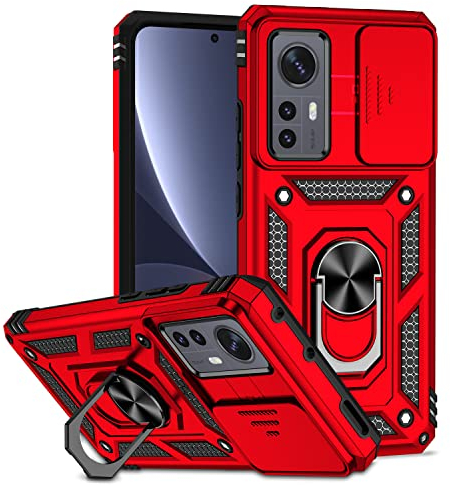 XINYEXIN Kameraschutz Handyhülle für Xiaomi 12T / Xiaomi 12T Pro Hülle mit 360 Grad Metal Ring Ständer Stoßfest Schutzhülle Hard Case Sliding Camera Cover - Rot