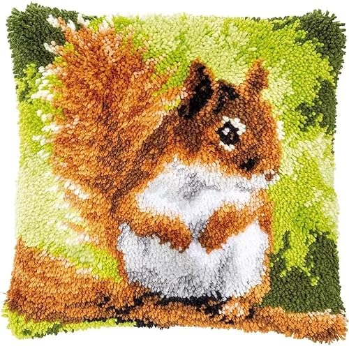 ROCKY&CHAO Knüpfteppich Zum Selber Knüpf-Sets mit Kissen knüpfen-Set 43x43cm Kissenbezug-Set für Erwachsene und Kinder Latch Hook Kit Heimaccessoire(Eichhörnchen)
