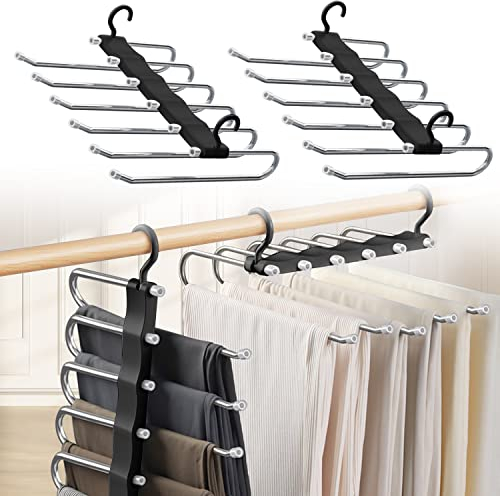 Sternstunde 6 in 1 Hosenbügel Platzsparend, 2 Stück Hosen Kleiderbügel aus Edelstahl Ausziehbar, Hosenhalter für Kleiderschrank, Magic Hanger Organizer für Hosen, Schals, Jeans, Kleidung, Handtücher