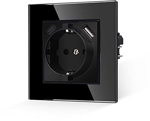 JIMEIDA Einzelsteckdose mit USB in Schwarz,16Amp Glas Steckdosen mit USB A und Typ C Port max.2.1A, Unterputz Wandsteckdose-86mm,250V