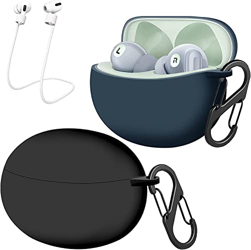[2-Pack] easyBee Hülle Kompatibel mit realme Buds Air 3 Neo, mit 2 Karabiner 2 Anti-Verlust-Gurte, Flüssiges Silikon Case Ultradünn Stoßfest Schutzhülle Bluetooth Kopfhörer Tasche - Schwarz Blau