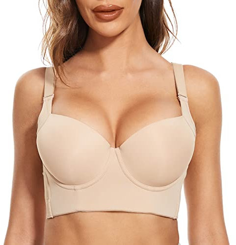 FallSweet Push Up BHS für Frauen Lace Plus Size Wide Back Underwear Longline Korsett BH (Beige-Glatt, 85C)