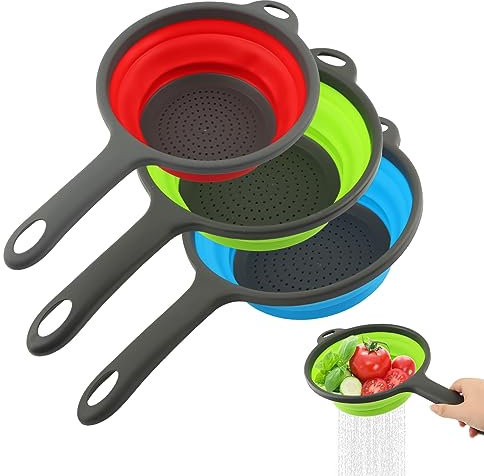 Scolapasta portatile pieghevole con manici, colini e scolapasta, leggero e multifunzionale, per campeggio, picnic, camper (3 colori)